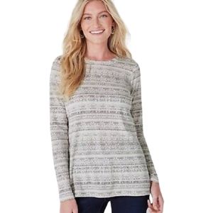 NWT J. Jill Pima Cotton Crew Neck Long Sleeve Tee Gray Ivory Print NWT Size LP